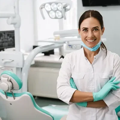 Dentista sonriente en su consulta preparada para recibir a los pacientes